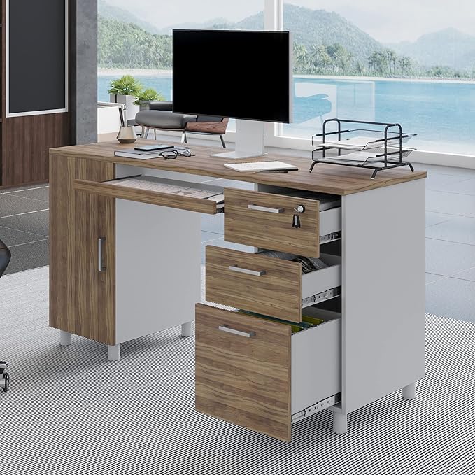Modern Design Venice Computer Office Desk with 3 Locking Drawers and Storage Cabinet 53 Inch Home and Office Executive Walnut and White Desk with Keyboard Tray by Crafts and Comfort