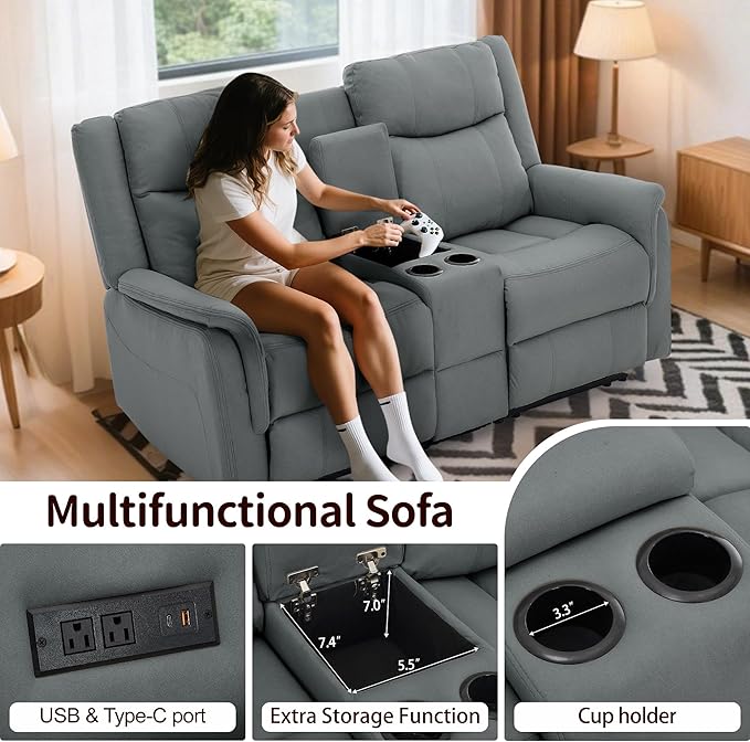 Loveseat Recliner Sofa Reclining Loveseat Couch Reclining Couch with Console USB Port US Outlets and Cup Holders 2-Seater Sofa for Living Room