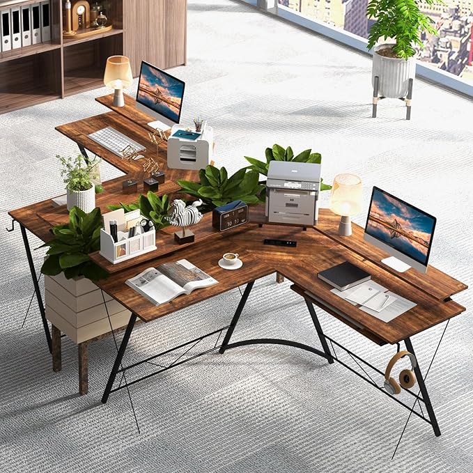 Tangkula L-Shaped Computer Desk with Power Outlet 51 Corner Computer Workstation with Monitor Stand Keyboard Tray &amp Headphone Hook Ergonomic Gaming Desk for Home Office (Rustic Brown)