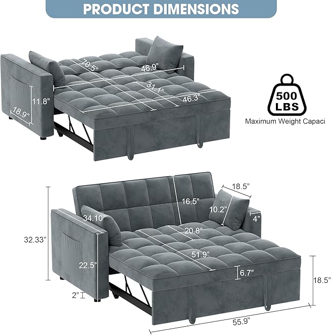 Sleeper Sofa Couch Bed 55.9'' Convertible Velvet Loveseat 3 in 1 Pull Out Sofa Bed with Toss Pillows Pockets Furniture for Living Room Gray