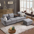 Convertible Sectional Sofa with Storage 4 Seat L Shaped Couch with Chaise and Cup Holder Modern Microfiber Fabric Sofas Couches for Living Room Light Grey