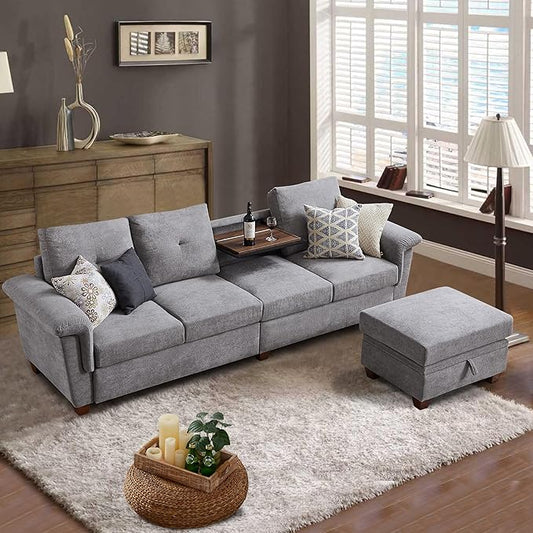 Convertible Sectional Sofa with Storage 4 Seat L Shaped Couch with Chaise and Cup Holder Modern Microfiber Fabric Sofas Couches for Living Room Light Grey