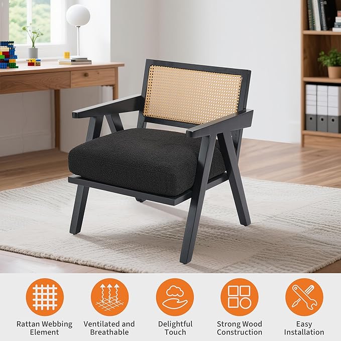 GarveeHome Mid-Century Farmhouse Accent Chair - Wood Armchair with Rattan Backrest &amp Linen Cushion for Living Room Bedroom - Black Easy Assembly
