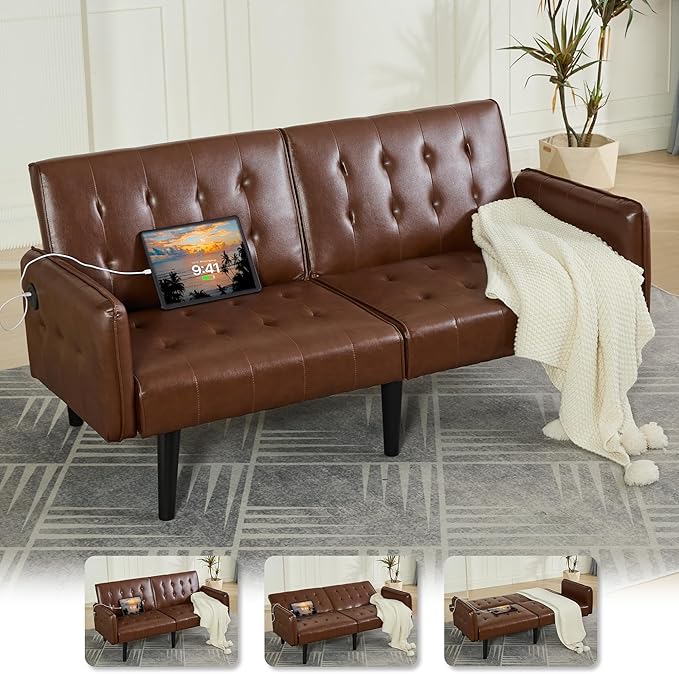 TYBOATLE 65“ Convertible Futon Sofa Bed w/ 2 USBTufted Small Adjustable Folding Couch Loveseat Modern Mid Century Faux Leather Sleeper Sofa for Living Room BedroomOffice Brown