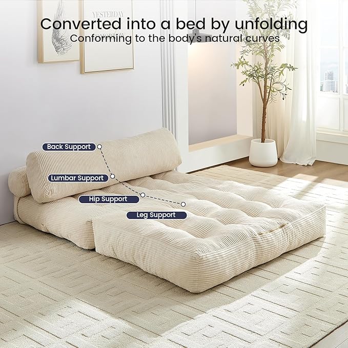 ijuicy 50 W Folding Sofa BedCorduroy Futon Sofa Bed Convertible Sleeper Chair with Pillow Foldable Mattress with Back Support Floor Couch for Adults for Living RoomNo Assembly（Beige/Full）