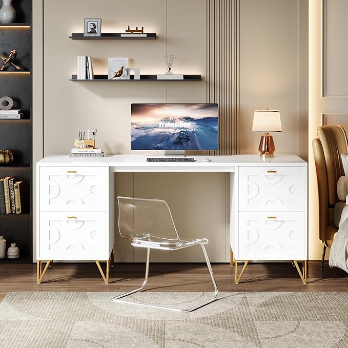 Tribesigns White Executive Desk 59 White and Gold Modern Desk with 4 File Drawers Luxury Writing Table Elegant Computer Office Table for Home Office Study Bedroom