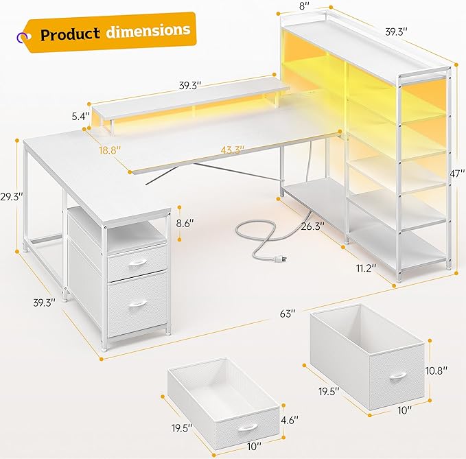 Computer Desk with 6 Storage Shelves &amp 2 Fabric Drawers63'' L Shaped Gaming Desk with Power Outlet &amp LED Strip Reversible Office Desk with Monitor Stand White
