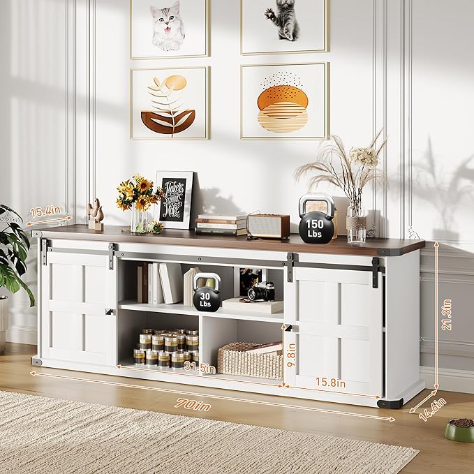 GAOMON 70 Farmhouse TV Stand for 80/75/70 Inch TVsEntertainment Center Storage Cabinets w/Power Outlets and Sliding Barn DoorRustic TV Stands for Living RoomMedia Console Cabinet (White+Wood)