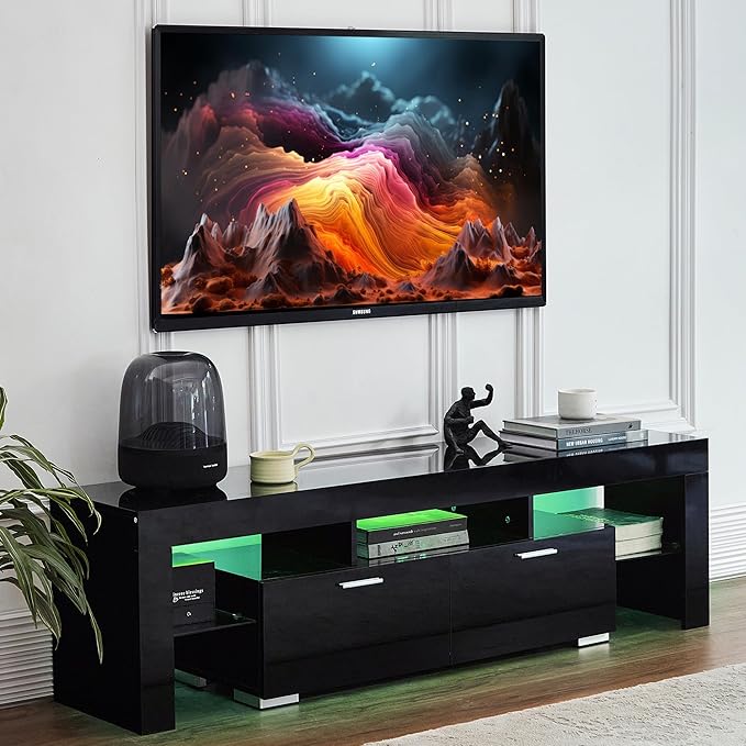 Nrizc Black LED TV Stand for 75 Inch TV High Gloss TV Entertainment Center with Storage Drawer TV Console Table for Living Room Bedroom