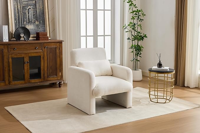 GDFStudio 30 Modern Accent Chair Upgrade Leisure Boucle Upholstered Armchair with Straight Arms and Waist Pillow Comfy Single Sofa Chair for Living Room Bedroom Office Apartment Ancient White