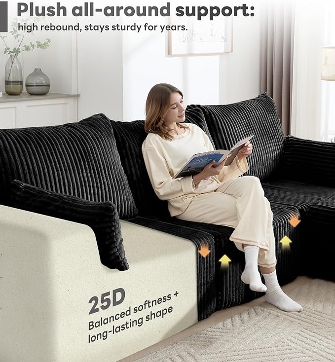 Tbfit Sectional Cloud Couch for Living Room Modular Sofa Bed with Angled Armrest Comfy Boneless Sofa with Wide Seat &amp Deep Seat Black