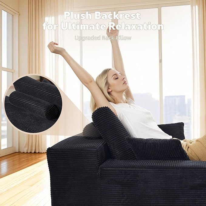 67x48 Oversized Chaise Lounge Chair Indoor Upholstered Sofa Bed with Plush Faux Fur Sleeper Couch Reading Chair Fluffy Cloud Sofa for Living Room Corduroy Black