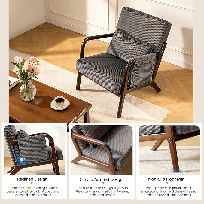 Mid-Century Modern Accent Chairs Upholstered Fabric Lounge Arm Chair with Storage Pocket Lumbar Cushion &amp Solid Wood Frame for Living Room Bedroom Balcony (Dark Gray)