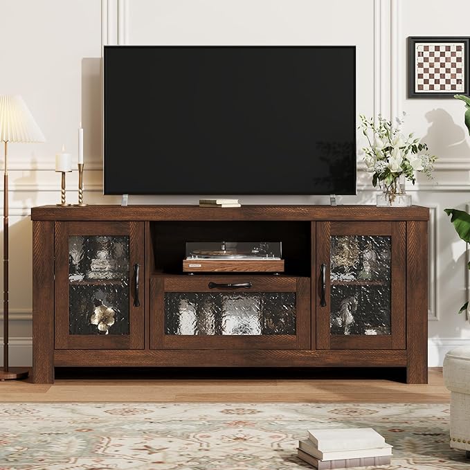 IDEALHOUSE TV Stand for 65 Inch TV Farmhouse Entertainment Center with Acrylic Door Storage Cabinet &amp Adjustable Shelves Rustic TV Console Table for Living Room Bedroom Brown