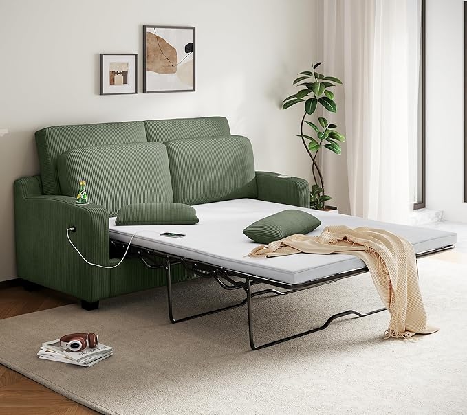 LINSY HOME Pull Out Sofa Bed - Convertible Loveseat Sleeper Sofa Upgraded Bed Frame Pullout Couch - USB Charging &amp Cup Holders Corduroy Sofa Bed for Living Room Small Space Queen Size (Green)