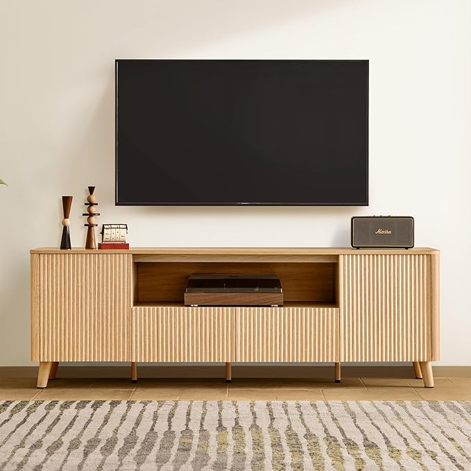 CHITA TV Stands for Living Room Mid Century Modern TV Stand for 80 inch TV with Storage Drawers Adjustable Shelves Oak