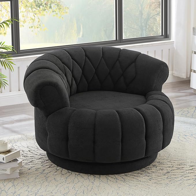 Swivel Accent Barrel Round Chair Comfy Chenille Reading Sofa Chair for Living Room Bedroom (Black)