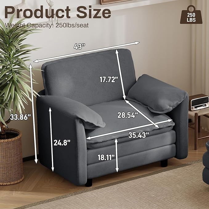 43 Oversized Chenille Single Sofa Chair Deep Seat Chaise Lounge Chair Upholstered Armchair Modern Accent Chairs for Living Room Bedroom Office Apartment Grey