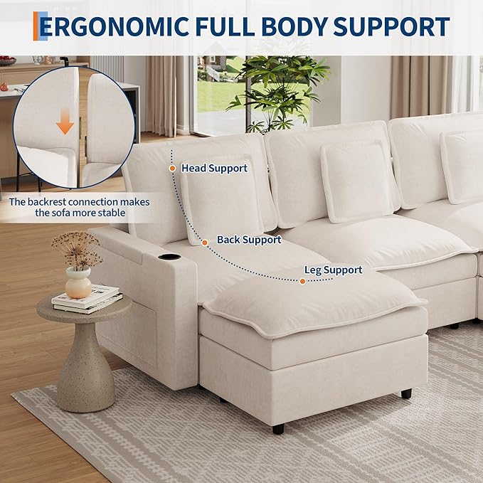 GarveeHome Sectional Couches 108 in Cloud Modular Sectional Sofa U-Shaped Chenille Deep Seat Sofa with Storage Armrests and Charging Ports Movable Ottoman and Cup Holder Included Beige