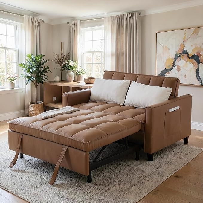 3 in 1 Convertible Sofa Bed Love Seat Sleeper Bed with Side Pockets PU Fabric Pull Out Couch with Adjustable Backrest for Living Room Bedroom Apartment Brown