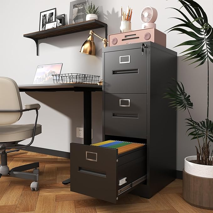 3 Drawer Small Metal Vertical File Cabinet with Lock Under Desk Storage Organizer Filing Cabinets for Home Office Locking DrawersAssembly RequiredBlack