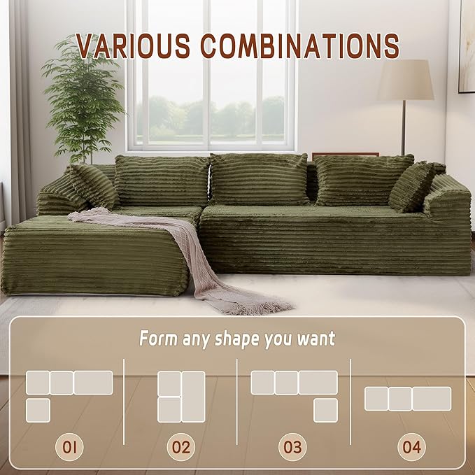 110 L-Shaped Modular Sectional Sofa with Chaise Boneless Comfy Corduroy Fluffy Couch with Deep Seat and Side Pockets Flexible Module Combination for Living Room No Assembly Side Pockets