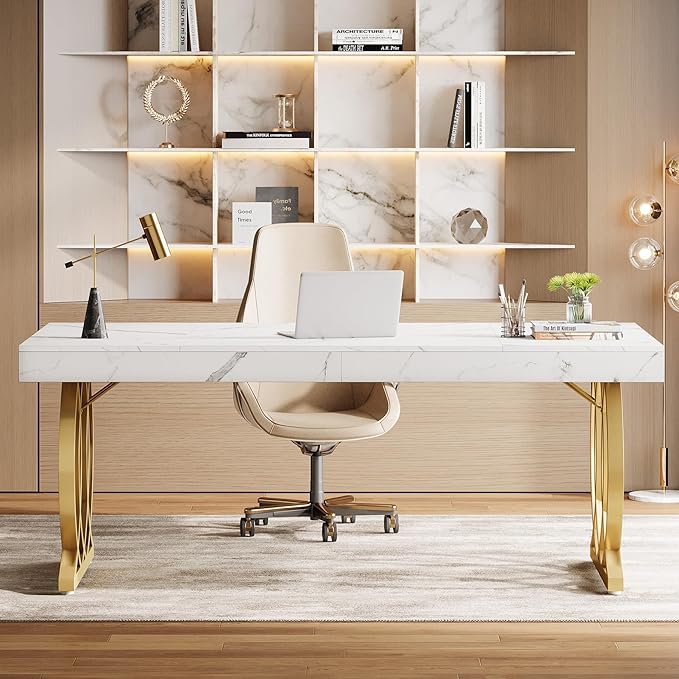 Tribesigns 63-Inch Executive Desk Modern Office Computer Desk with Stylish Gold Legs Rectangular Workstation for Home Office Small Conference Table for Meeting Room (White &amp Gold)