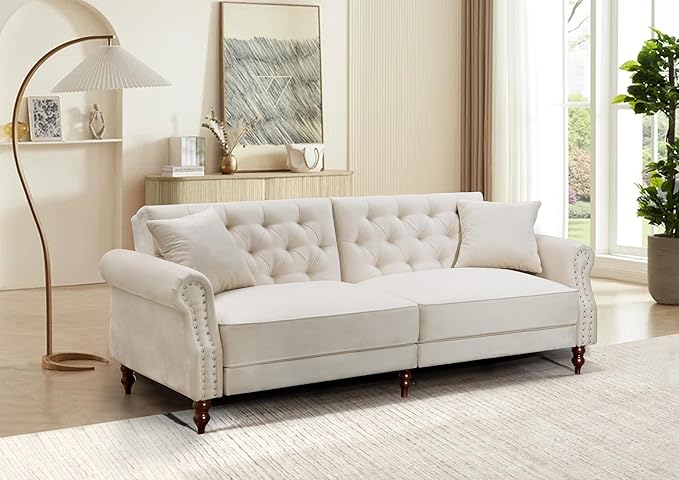 Legend Vansen 87.8 inchs Convertible Velvet Bed Sleeper Futon Sofas Cream