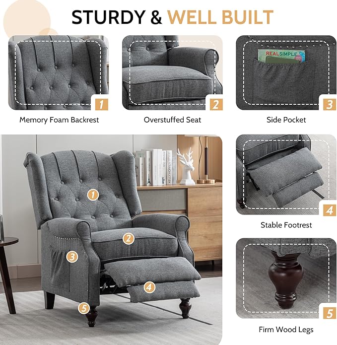 BINGTOO Push Back Recliner Chair with Massage and Heat Mid Century Tufted Fabric Wingback Chair with Rivet Decoration for Living Room Bedroom Gray 1 Chair
