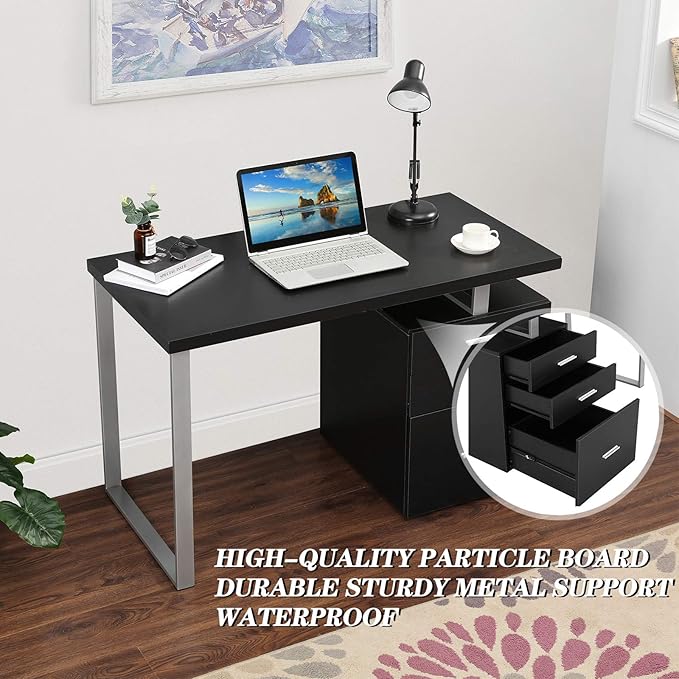 Festival Depot 47.5 Home Office Desk Modern Computer Desk with Metal Frame Laptop Table with Reversible File Cabinet Including Drawers for Study Working