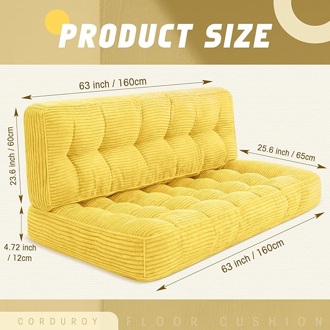 63 Inch Folding Bench Cushion 4 Inch Thick 2-in-1 Convertible Long Floor Lounger Boneless Cushions Couch Mattress Upholstered for Yoga Reading Sleeping Meditation Living Room(Yellow)