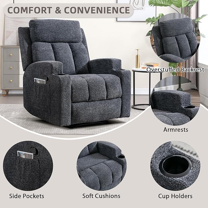 2PCS Fabric Manual Recliner Chair for Adults Comfy Reclining Chairs with Overstuffed Arm and Back Single Sofa for Living Room (2 Dark Grey)