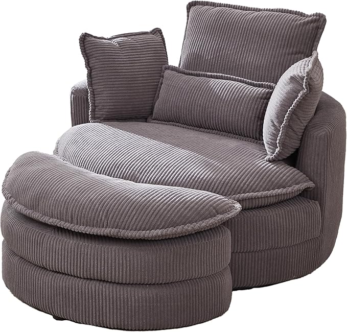 Modern Swivel Chair 38 W Oversized Swivel Chair with Moon Storage Ottoman Accent Round Loveseat Circle Swivel Barrel Chairs with 4 Pillows Cuddle Sofa Chair Lounger Armchair (Grey * 99)