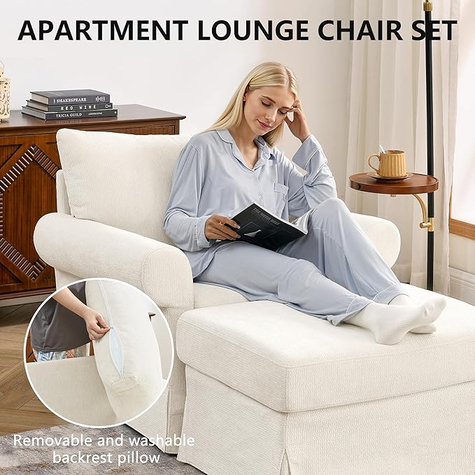 Living Room Chairs with Ottoman Small Accent Chair for Bedroom Single Sofa Couch with Chenille Fabric for Apartment and Small Places (Beige)