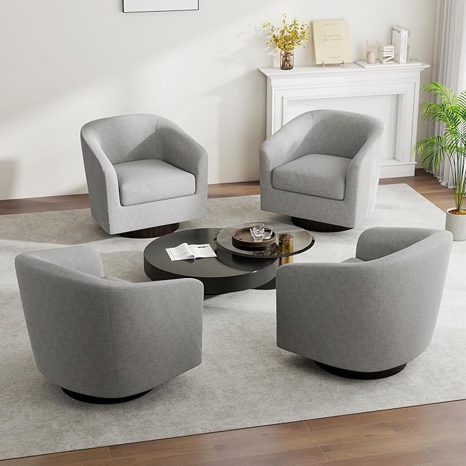 Swivel Barrel Accent Chair Modern Round Linen Arm Chair for Living Room Bedroom Comfy Club Reading Chairs for Adults（Linen Fabric Light Grey Set of 4
