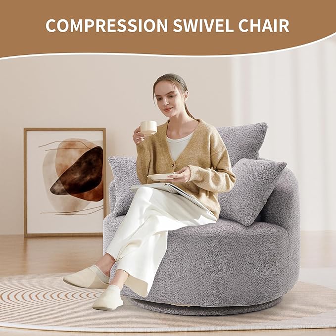 40” Grey Round Swivel Chair with 3 Pillows &amp Thick Cushion Oversized 360° Swivel Accent Chair Modern Boucle Armchair for Nursery Living Room Bedroom Club