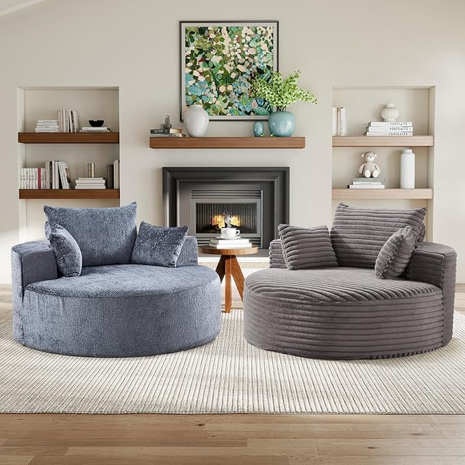 Modern Round Accent Sofa Chair for Living Room Upholstered Chenille Barrel Lounge Arm Chair with Large seat&ampThrow Pillows for Bedroom Office Apartment Grey