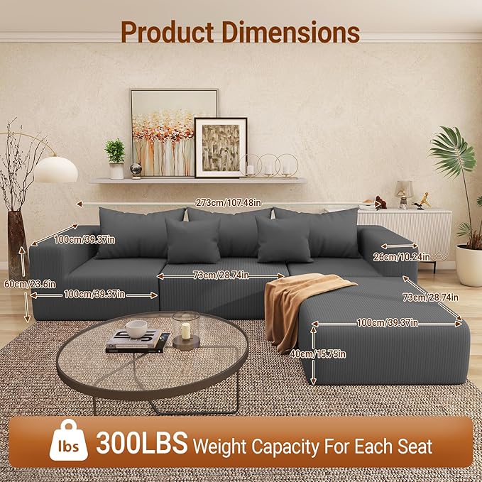Cloud Modular Sectional Sofa for Living Room L Shaped Sectional Couch with Deep Seat 3-Seater Boneless Couch with Ottoman in Soft Corduroy Fabric Gray