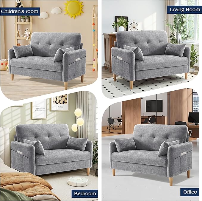 Hanherry Loveseat Sofa 47” Small Couch for Living Room Comfy Chenille Fabric Love Seat for Bedroom with Throw PillowRemovable Cushion CoverCouches for Small SpaceApartmentDorm