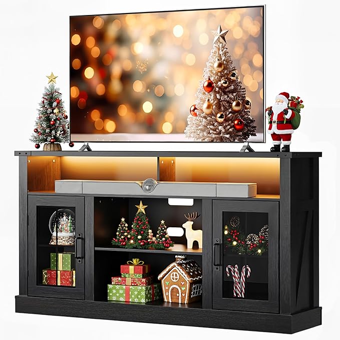 WLIVE Farmhouse TV Stand for 65 Inch TV Tall Entertainment Center with LED Lights &amp Storage Cabinets TV Media Console Table with Adjustable Shelf for Living Room Bedroom Home Theater Black