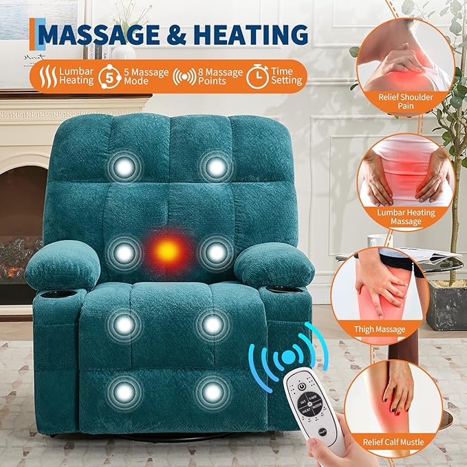 Oversized Recliner Chair for Adults Massage Recliner with Lumbar Heating Manual Swivel Rocker Sofa Side Pockets &amp Cup Holders for Big and Tall Persons Living Room