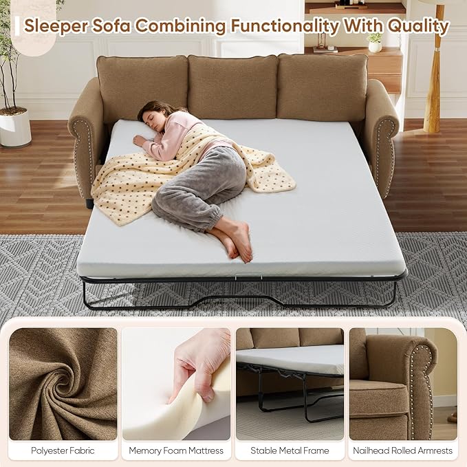 Queen Pull Out Sofa Bed 2-In-1 Pull Out Couch Bed with Memory Foam Mattress &amp Riveted Rolled Armrests 3 Seater Convertible Sleeper Sofa Foldable Couch for Living Room Bedroom Apartment(Brown)