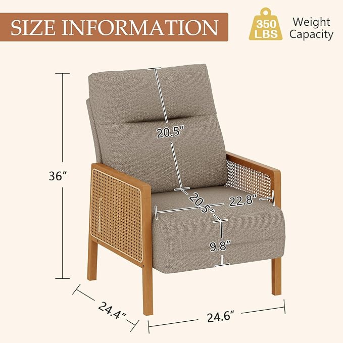 Andeworld Taupe Accent ChairsUpholstered Modern Living Room Chairs with Natural Rattan Arm Side Chair for Bedroom Club Balcony Reception Room