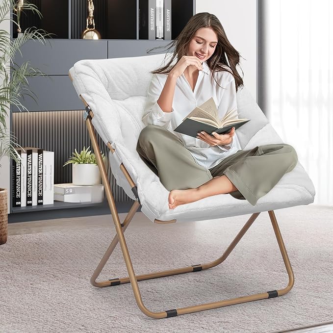 Foldable Oversized Moon Chair Large Soft Lazy Cozy Comfortable Faux Fur Square Saucer Moon Chair for Teens and Adults White