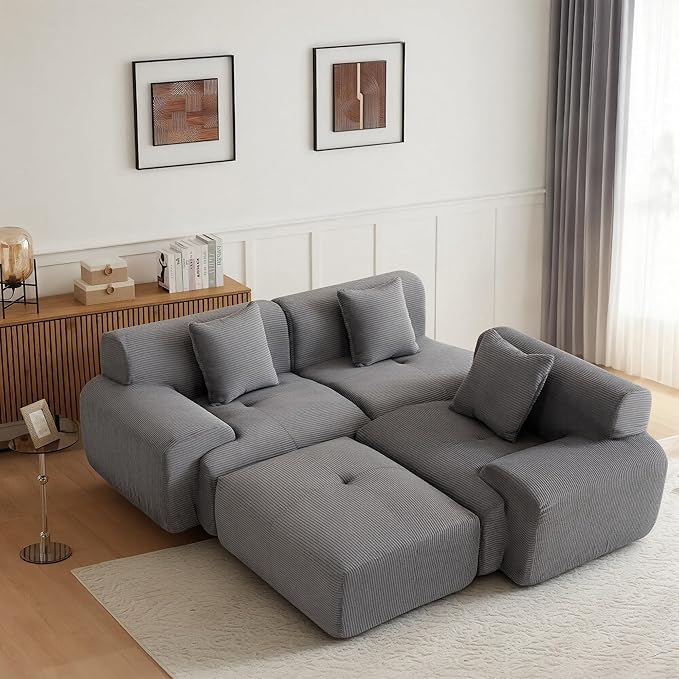 107 Cloud Modular Sectional CouchBoneless Sofa with OttmanL-Shape Upholstered Sofas with Deep SeatModern Cozy Corduroy Couches with Memory FoamNo Assembly Required (Dark Grey)