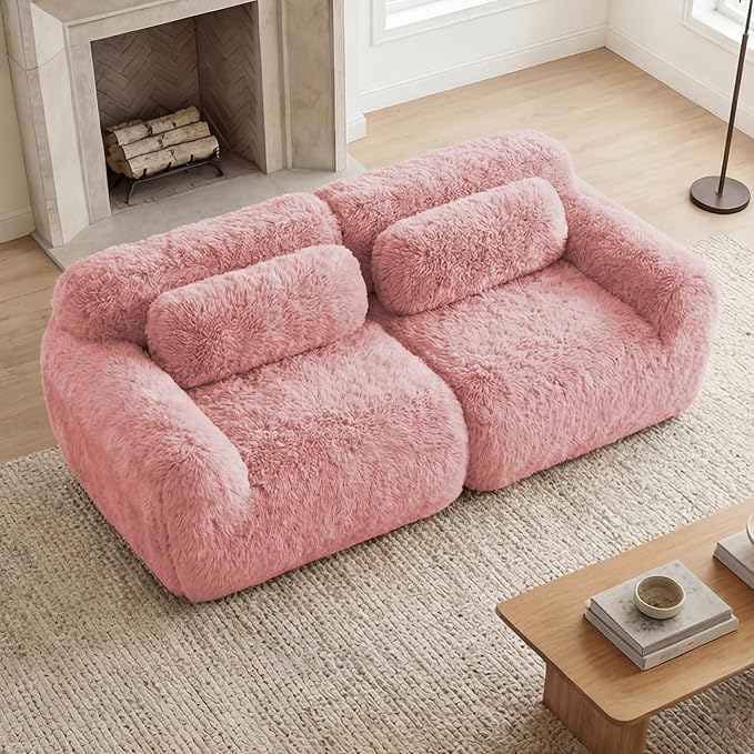80.4-Inch Boneless Love Seat Couches in a Box Modern 2 Seat Floor Modular Foam Cloud Sofa Faux Fur Loveseat Couch W/Angle Armrests for Home Apartments Bedroom