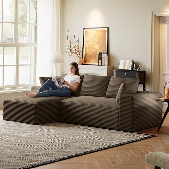 107 Boneless Couches for Living Room Comfy L Shaped Sectional Couches Modern Deep Seat Modular Sofa Cloud Fluffy Corduroy Couch with Left Facing Chaise No Assembly Needed Light Brown