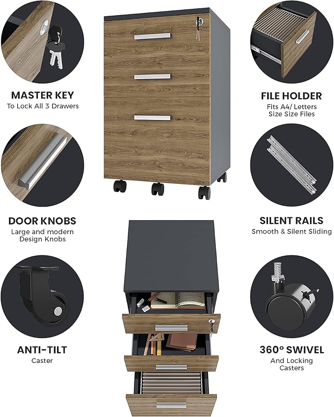 Modern Design Lazio File Cabinet Filing Cabinets for Home Office Drawers for Under Desk Locking 3 Drawer Rolling Wood Filing Cabinet with Lock Walnut and Black by Crafts and Comfort