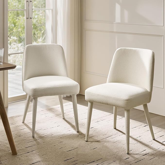 HULALA HOME Modern Dining Chairs Set of 2White Fully Chenille Upholstered Dining Room Chairs Set with Foot Peg Wood Frame Armless Kitchen Accent Chairs for Living Room Bedroom Reception - Ivory