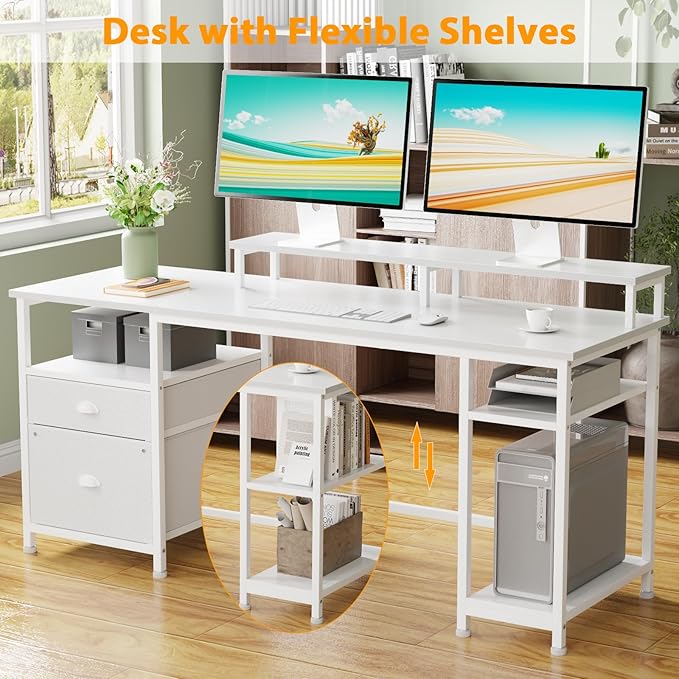 Furologee 61 Computer Desk with Fabric File Cabinet &amp Drawer Reversible White Table with Storage Shelf Office Desk with Long Monitor Stand Writting Table Workstation for Home/Office/White